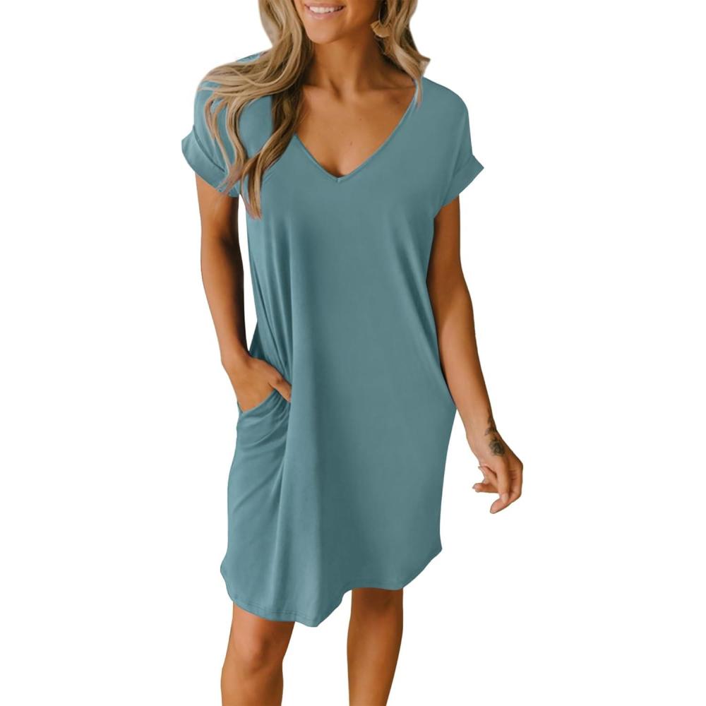 imageBTFBM Women V Neck Short Sleeve Summer Dresses Beach 2025 Spring Casual Loose Tunic Short TShirt Dress Pajamas PocketsGrey Blue