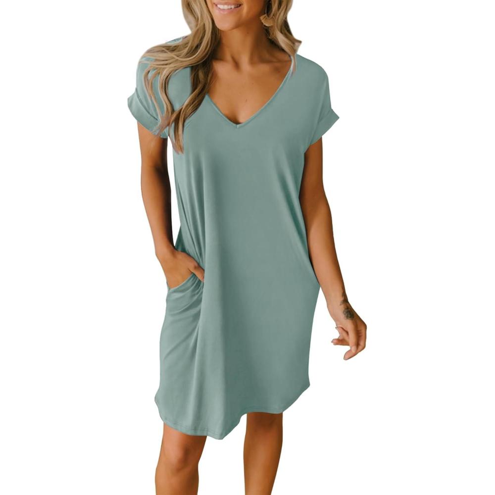 imageBTFBM Women V Neck Short Sleeve Summer Dresses Beach 2025 Spring Casual Loose Tunic Short TShirt Dress Pajamas PocketsGrey Green