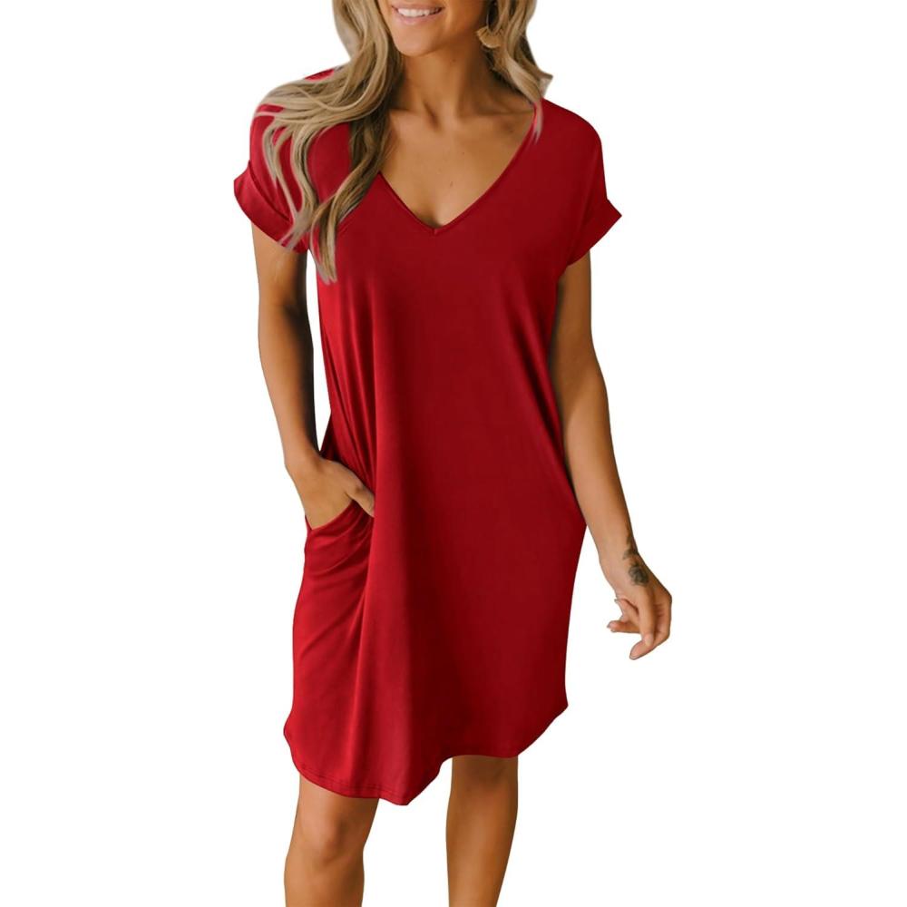 imageBTFBM Women V Neck Short Sleeve Summer Dresses Beach 2025 Spring Casual Loose Tunic Short TShirt Dress Pajamas PocketsRed