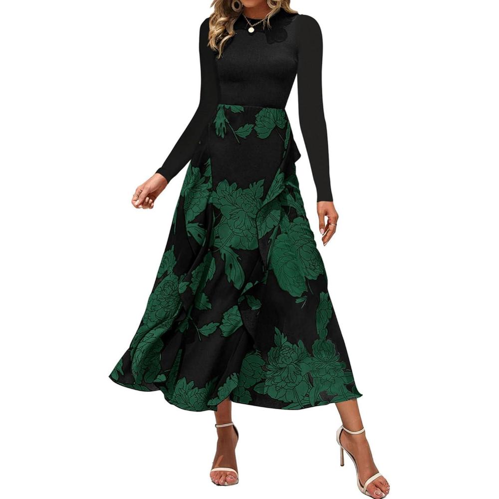 imageBTFBM Womens Floral Maxi Dress 2025 Spring Fall Casual Crewneck Long Sleeve Ruffle Flowy Cocktail Wedding Guest DressesBig Floral Dark Green