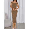 imageBTFBM Summer Dresses for Women 2025 Formal Maxi Sleeveless Off Shoulder Knit Bodycon Slit Cocktail Wedding Guest DressCamel