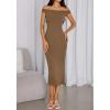 imageBTFBM Summer Dresses for Women 2025 Formal Maxi Sleeveless Off Shoulder Knit Bodycon Slit Cocktail Wedding Guest DressCamel