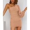imageBTFBM Women One Shoulder Ruched Bodycon Mini Dress Puff Long Sleeve 2025 Summer Fall Club Party Cocktail Short DressesSolid Apricot