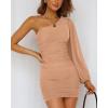 imageBTFBM Women One Shoulder Ruched Bodycon Mini Dress Puff Long Sleeve 2025 Summer Fall Club Party Cocktail Short DressesSolid Apricot