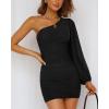 imageBTFBM Women One Shoulder Ruched Bodycon Mini Dress Puff Long Sleeve 2025 Summer Fall Club Party Cocktail Short DressesSolid Black