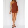 imageBTFBM Women One Shoulder Ruched Bodycon Mini Dress Puff Long Sleeve 2025 Summer Fall Club Party Cocktail Short DressesSolid Caramel