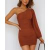 imageBTFBM Women One Shoulder Ruched Bodycon Mini Dress Puff Long Sleeve 2025 Summer Fall Club Party Cocktail Short DressesSolid Caramel