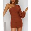 imageBTFBM Women One Shoulder Ruched Bodycon Mini Dress Puff Long Sleeve 2025 Summer Fall Club Party Cocktail Short DressesSolid Caramel