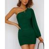 imageBTFBM Women One Shoulder Ruched Bodycon Mini Dress Puff Long Sleeve 2025 Summer Fall Club Party Cocktail Short DressesSolid Dark Army Green