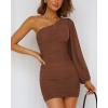 imageBTFBM Women One Shoulder Ruched Bodycon Mini Dress Puff Long Sleeve 2025 Summer Fall Club Party Cocktail Short DressesSolid Dark Brown
