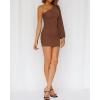imageBTFBM Women One Shoulder Ruched Bodycon Mini Dress Puff Long Sleeve 2025 Summer Fall Club Party Cocktail Short DressesSolid Dark Brown