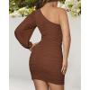 imageBTFBM Women One Shoulder Ruched Bodycon Mini Dress Puff Long Sleeve 2025 Summer Fall Club Party Cocktail Short DressesSolid Dark Brown
