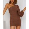 imageBTFBM Women One Shoulder Ruched Bodycon Mini Dress Puff Long Sleeve 2025 Summer Fall Club Party Cocktail Short DressesSolid Dark Brown