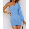 imageBTFBM Women One Shoulder Ruched Bodycon Mini Dress Puff Long Sleeve 2025 Summer Fall Club Party Cocktail Short DressesSolid Light Blue