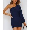 imageBTFBM Women One Shoulder Ruched Bodycon Mini Dress Puff Long Sleeve 2025 Summer Fall Club Party Cocktail Short DressesSolid Navy