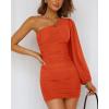 imageBTFBM Women One Shoulder Ruched Bodycon Mini Dress Puff Long Sleeve 2025 Summer Fall Club Party Cocktail Short DressesSolid Orange