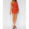 imageBTFBM Women One Shoulder Ruched Bodycon Mini Dress Puff Long Sleeve 2025 Summer Fall Club Party Cocktail Short DressesSolid Orange