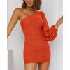 imageBTFBM Women One Shoulder Ruched Bodycon Mini Dress Puff Long Sleeve 2025 Summer Fall Club Party Cocktail Short DressesSolid Orange