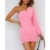 imageBTFBM Women One Shoulder Ruched Bodycon Mini Dress Puff Long Sleeve 2025 Summer Fall Club Party Cocktail Short DressesSolid Pink