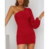 imageBTFBM Women One Shoulder Ruched Bodycon Mini Dress Puff Long Sleeve 2025 Summer Fall Club Party Cocktail Short DressesSolid Red