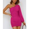 imageBTFBM Women One Shoulder Ruched Bodycon Mini Dress Puff Long Sleeve 2025 Summer Fall Club Party Cocktail Short DressesSolid Rose Red