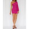 imageBTFBM Women One Shoulder Ruched Bodycon Mini Dress Puff Long Sleeve 2025 Summer Fall Club Party Cocktail Short DressesSolid Rose Red