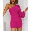 imageBTFBM Women One Shoulder Ruched Bodycon Mini Dress Puff Long Sleeve 2025 Summer Fall Club Party Cocktail Short DressesSolid Rose Red