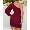 imageBTFBM Women One Shoulder Ruched Bodycon Mini Dress Puff Long Sleeve 2025 Summer Fall Club Party Cocktail Short DressesSolid Wine Red