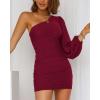 imageBTFBM Women One Shoulder Ruched Bodycon Mini Dress Puff Long Sleeve 2025 Summer Fall Club Party Cocktail Short DressesSolid Wine Red