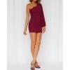 imageBTFBM Women One Shoulder Ruched Bodycon Mini Dress Puff Long Sleeve 2025 Summer Fall Club Party Cocktail Short DressesSolid Wine Red