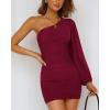imageBTFBM Women One Shoulder Ruched Bodycon Mini Dress Puff Long Sleeve 2025 Summer Fall Club Party Cocktail Short DressesSolid Wine Red