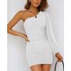 imageBTFBM Women One Shoulder Ruched Bodycon Mini Dress Puff Long Sleeve 2025 Summer Fall Club Party Cocktail Short DressesWhite