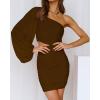 imageBTFBM Women One Shoulder Ruched Bodycon Mini Dress Puff Long Sleeve 2025 Summer Fall Club Party Cocktail Short DressesZcoffee
