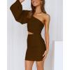 imageBTFBM Women One Shoulder Ruched Bodycon Mini Dress Puff Long Sleeve 2025 Summer Fall Club Party Cocktail Short DressesZcoffee