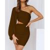 imageBTFBM Women One Shoulder Ruched Bodycon Mini Dress Puff Long Sleeve 2025 Summer Fall Club Party Cocktail Short DressesZcoffee
