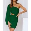 imageBTFBM Women One Shoulder Ruched Bodycon Mini Dress Puff Long Sleeve 2025 Summer Fall Club Party Cocktail Short DressesZdark Green