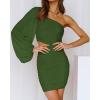 imageBTFBM Women One Shoulder Ruched Bodycon Mini Dress Puff Long Sleeve 2025 Summer Fall Club Party Cocktail Short DressesZlight Army Green
