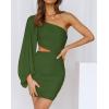 imageBTFBM Women One Shoulder Ruched Bodycon Mini Dress Puff Long Sleeve 2025 Summer Fall Club Party Cocktail Short DressesZlight Army Green