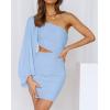 imageBTFBM Women One Shoulder Ruched Bodycon Mini Dress Puff Long Sleeve 2025 Summer Fall Club Party Cocktail Short DressesZlight Blue