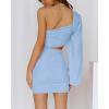 imageBTFBM Women One Shoulder Ruched Bodycon Mini Dress Puff Long Sleeve 2025 Summer Fall Club Party Cocktail Short DressesZlight Blue