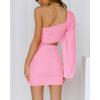 imageBTFBM Women One Shoulder Ruched Bodycon Mini Dress Puff Long Sleeve 2025 Summer Fall Club Party Cocktail Short DressesZpink