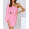 imageBTFBM Women One Shoulder Ruched Bodycon Mini Dress Puff Long Sleeve 2025 Summer Fall Club Party Cocktail Short DressesZpink
