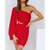 imageBTFBM Women One Shoulder Ruched Bodycon Mini Dress Puff Long Sleeve 2025 Summer Fall Club Party Cocktail Short DressesZred