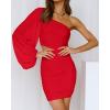 imageBTFBM Women One Shoulder Ruched Bodycon Mini Dress Puff Long Sleeve 2025 Summer Fall Club Party Cocktail Short DressesZred
