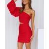 imageBTFBM Women One Shoulder Ruched Bodycon Mini Dress Puff Long Sleeve 2025 Summer Fall Club Party Cocktail Short DressesZred