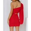 imageBTFBM Women One Shoulder Ruched Bodycon Mini Dress Puff Long Sleeve 2025 Summer Fall Club Party Cocktail Short DressesZred