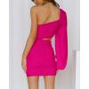 imageBTFBM Women One Shoulder Ruched Bodycon Mini Dress Puff Long Sleeve 2025 Summer Fall Club Party Cocktail Short DressesZrose Red