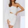 imageBTFBM Women One Shoulder Ruched Bodycon Mini Dress Puff Long Sleeve 2025 Summer Fall Club Party Cocktail Short DressesZwhite
