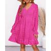 imageBTFBM Women Smocked Short Dress V Neck Long Sleeve Casual Swiss Dot Ruffle Chiffon Flowy Mini Summer Spring Dresses 2025Solid Rose Red