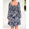 imageBTFBM Women Square Neck Smocked Dresses 2025 Summer Spring Long Sleeve Floral Swiss Dot Mini Boho Wedding Guest DressFloral Black White